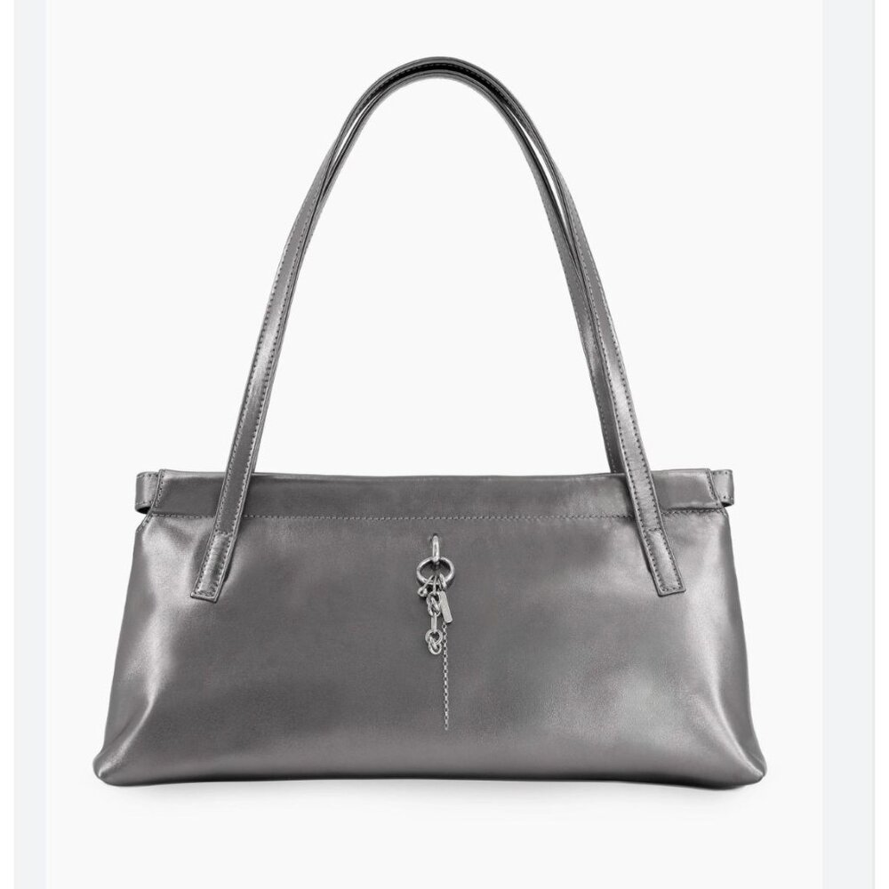 Justine Clenquet Flor Gun Metal Chain Charm Silver Leather Hand Bag EUC $232